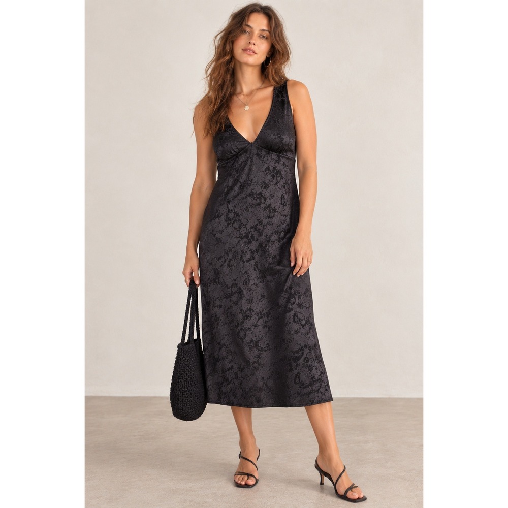 Black Floral Jacquard Empire Waist Midi Dress S Whimsigoth Dark Romantic Goth